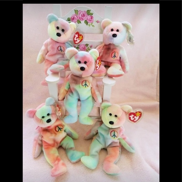TY Peace Beanie Baby Set of 5 TRUE Whitewashed w/dark Colorings MWMT'S